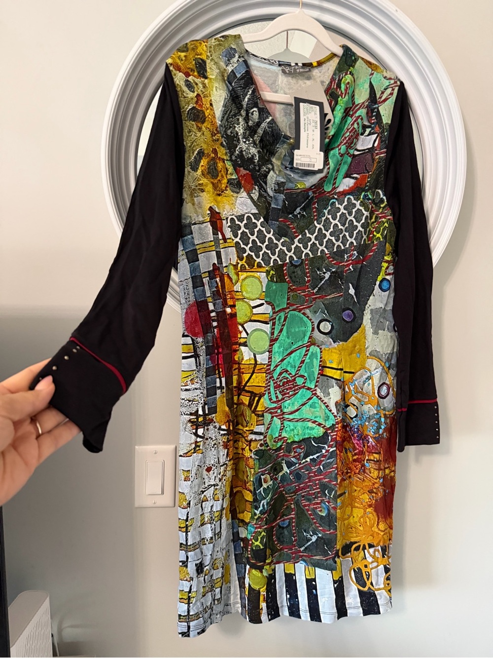 NWT Dolcezza Simply Art Abstract Mixed Media Cowl Neck Dress Long Sleeve